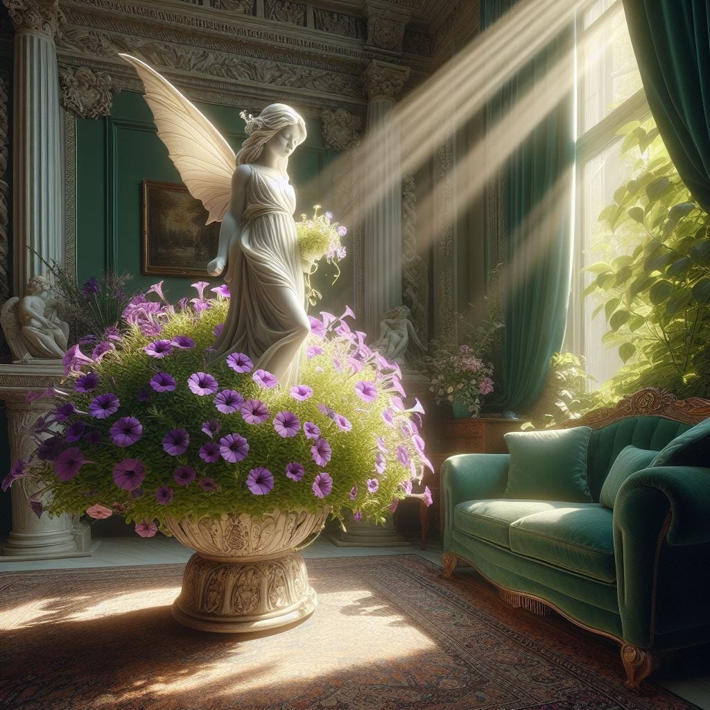 hyper realistic; tilt shift; perspective shift. lens baby. statue of white fairy by mexican petunia bush in green glass pot with purple flowers . 2-colorglass white fairy, with amber cut to yellow. sun shining through white fairy. Persian Rugs.  Marble Tables/Flower Arrangement. light green Velvet Armchairs/silk sofa. intricate carvings/ Silk Drapes . Velvet wall paintings.luminesent. Etheral. Sun beams flooding room