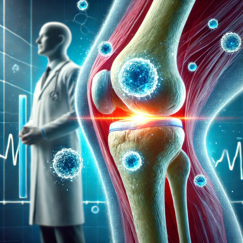 An illustration showing a human knee joint being treated with stem cells. The image focuses on the knee's cartilage being repaired, with glowing blue particles representing the stem cells entering the joint. Around the knee joint, show a reduction in inflammation, with the surrounding tissue appearing healthier. The background can show a clinical or medical environment, with a doctor or researcher in a lab coat in the background, subtly highlighting the medical breakthrough. The overall tone should be hopeful and futuristic, emphasizing medical innovation.