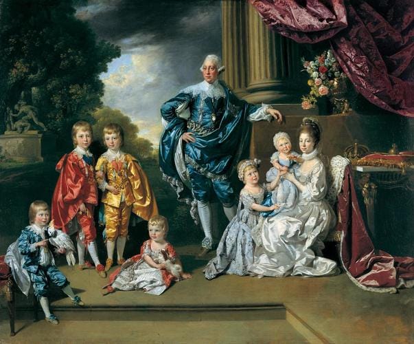 Portrait of George, Charlotte, and their older children, the boys and George in historic Van Dyck dress.