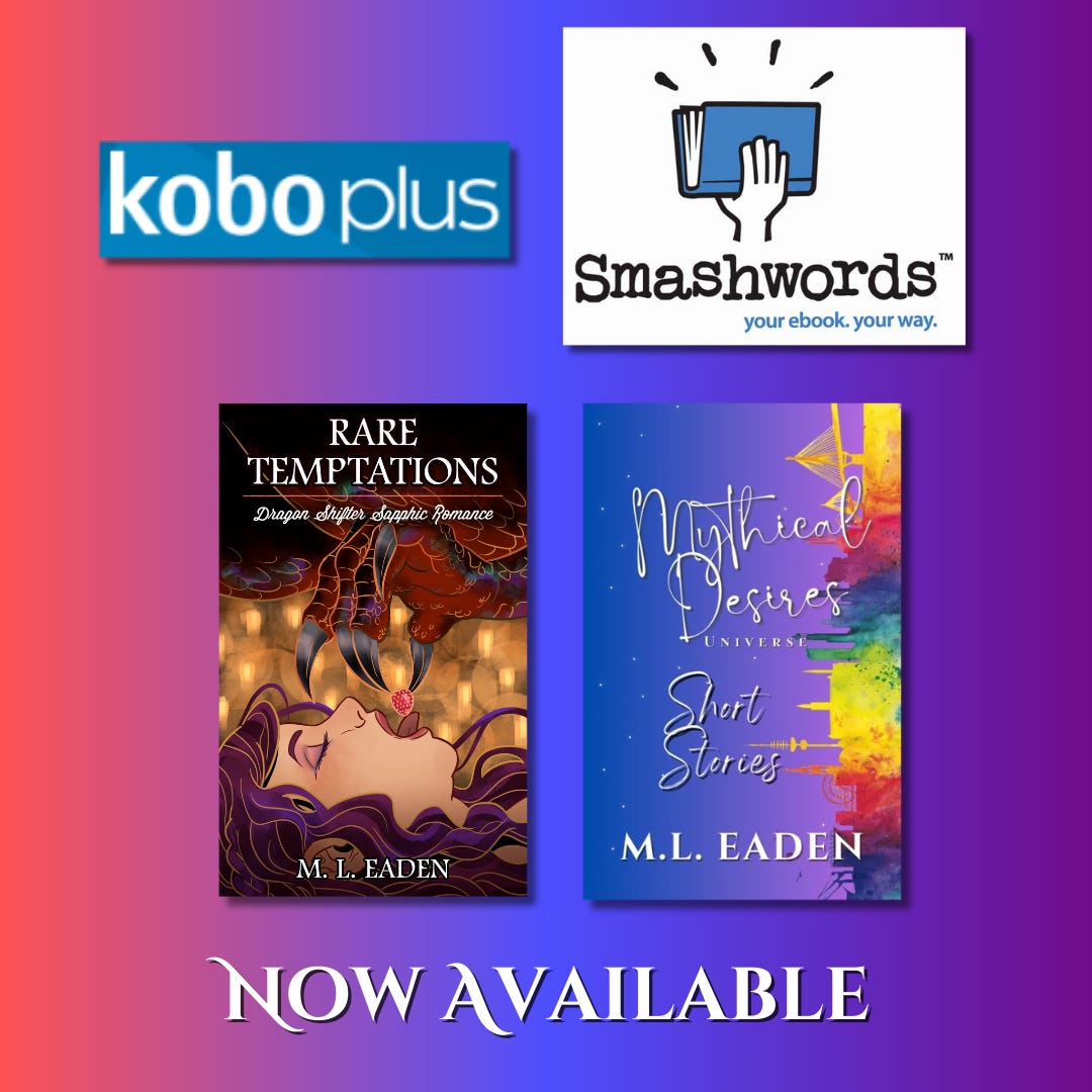 Kobo Plus logo, Smashwords logo, covers for Rare Temptations and Mythical Desires Universe Short Stories - Now Available