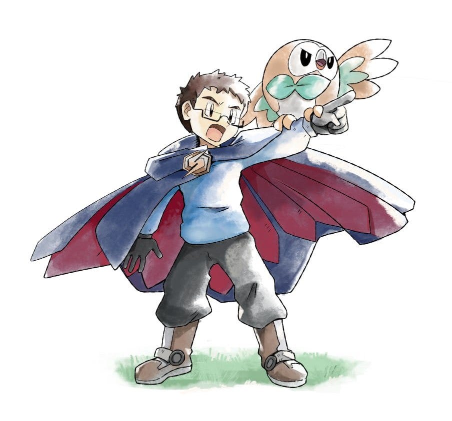 It’s me! As a Pokémon trainer with my beloved Rowlet, in the style of Ken Sugimori’s iconic art from Pokémon Red & Blue