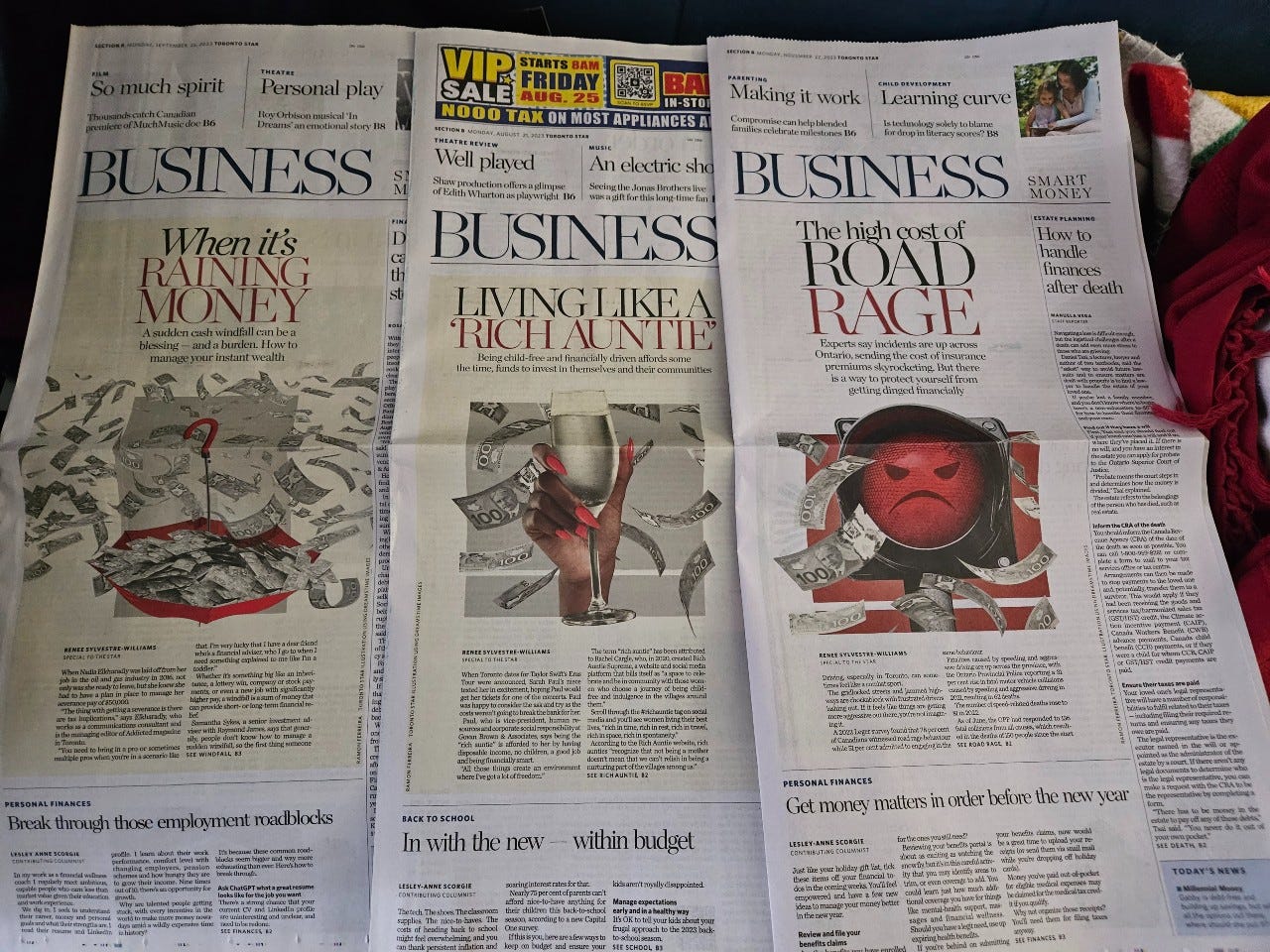 The Toronto Star business page, with three drawings. 
