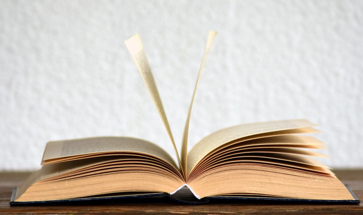 Free Close-up image of an open book with pages turning, creating a dynamic visual. Stock Photo