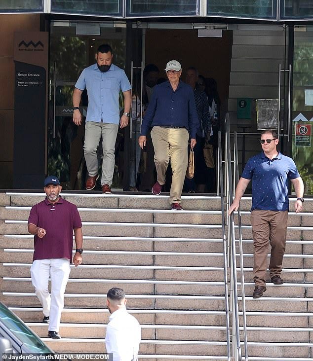 Sydney isn't THAT scary! Billionaire Bill Gates, 67, was seen with three bodyguards as he exited the Australian Museum in Sydney on Saturday before meeting the Prime Minister