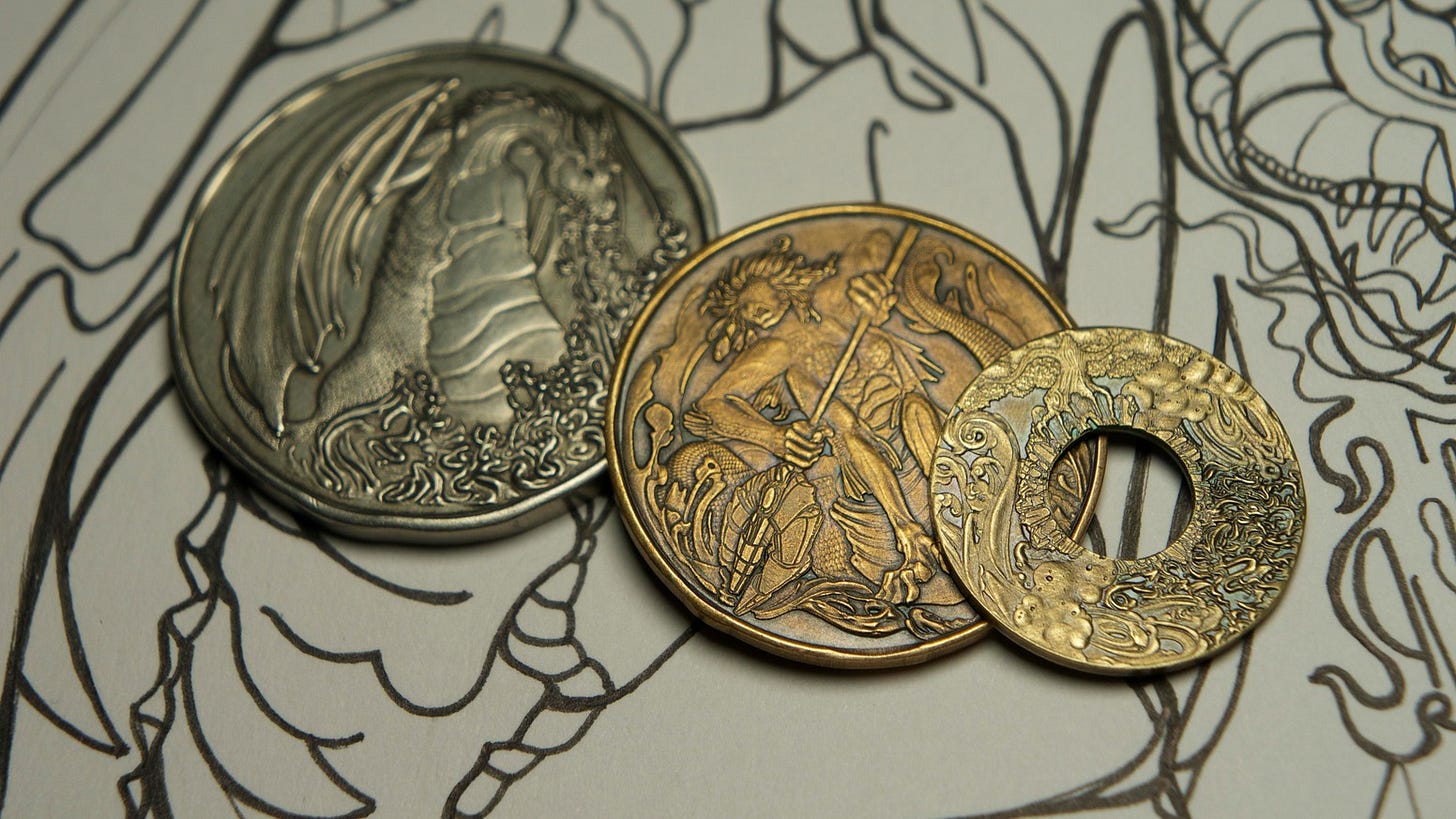 Enhance your game play with realistic fantasy coins. Hand illustrated fantasy art, immortalized in die struck RPG coins.