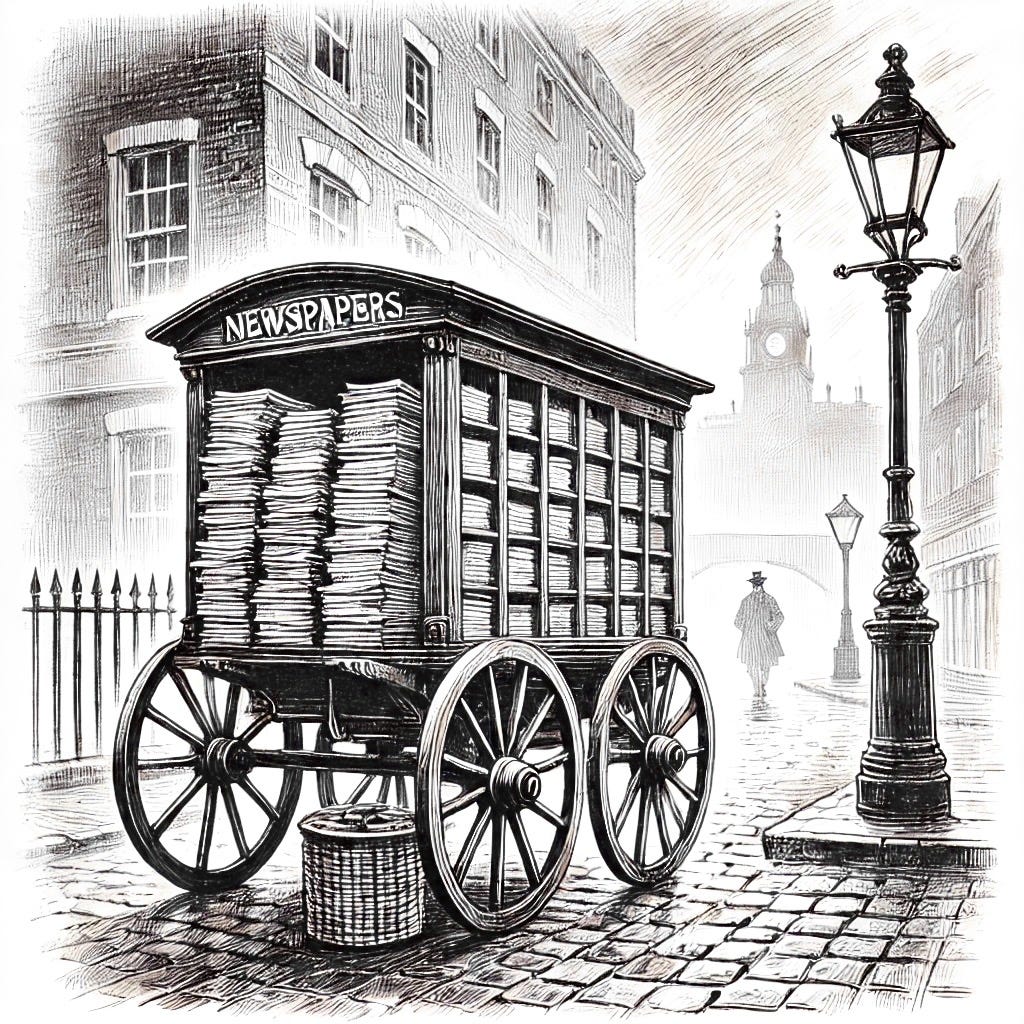 Old-fashioned newspaper cart in old London