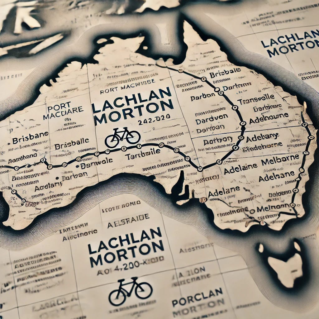 A detailed map of Australia focusing solely on Lachlan Morton's planned cycling route around the country. The map highlights his journey in a counter-clockwise direction, starting and ending in Port Macquarie. Key cities and locations like Brisbane, Townsville, Darwin, Perth, Albany, Adelaide, Melbourne, and Sydney are marked along the 14,200-kilometer route. The map is clean and minimalistic, without any additional elements like bicycles or graphics in the corners. The focus is purely on the geographical route around Australia.