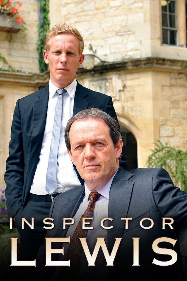 Photo of two men, both wearing jackets and ties, staring intently at the viewer.  Below them in strong type are the words "Inspector Lewis"