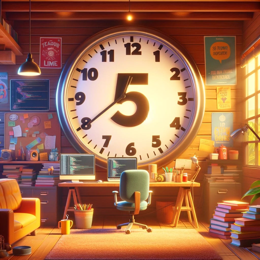 Office with a huge clock that has a big number 5 on it
