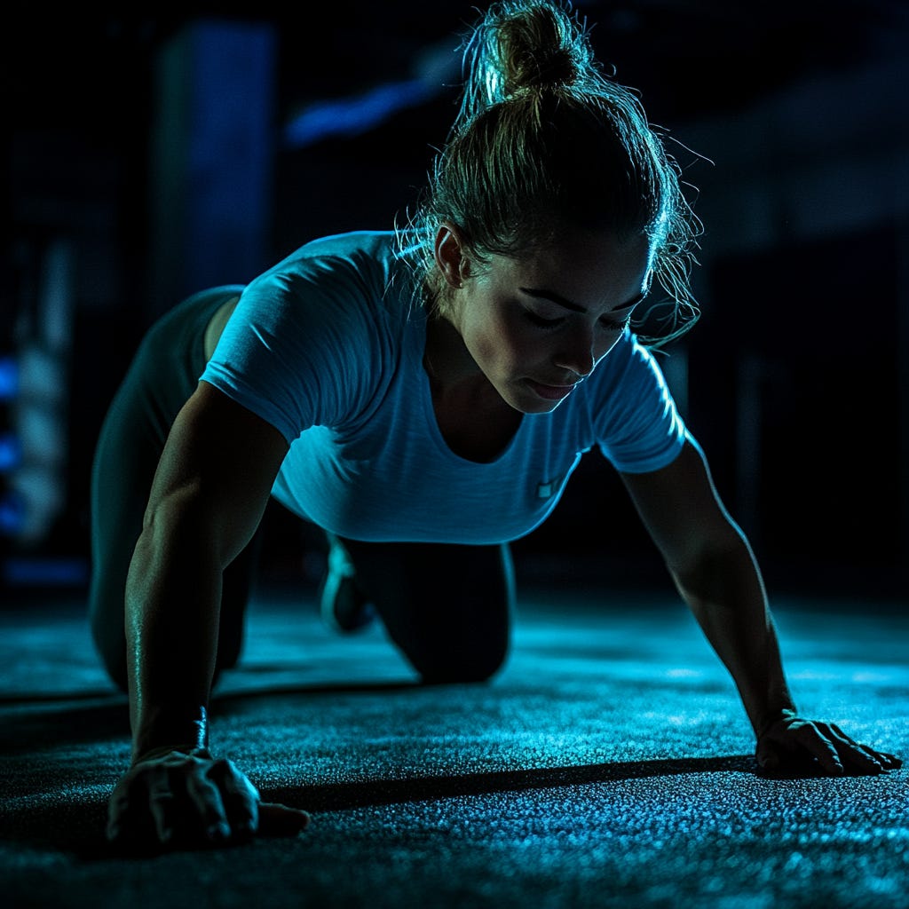 Strong female athlete wearing a light blue t-shirt performing a max push-up test in a dark gym with light blue lighting.