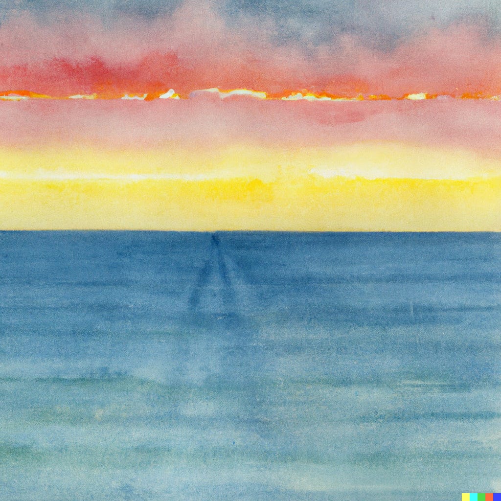 watercolor of an endless ocean horizon going into a sunset