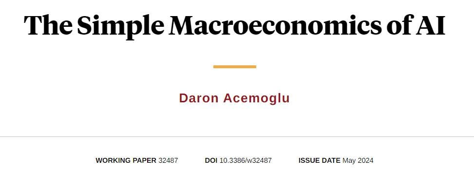 May be a graphic of text that says 'The Simple Macroeconomics of ofAI Daron Acemoglu WORKING PAPER 32487 DOI 10.3386/w32487 ISSUE DATE May 2024'