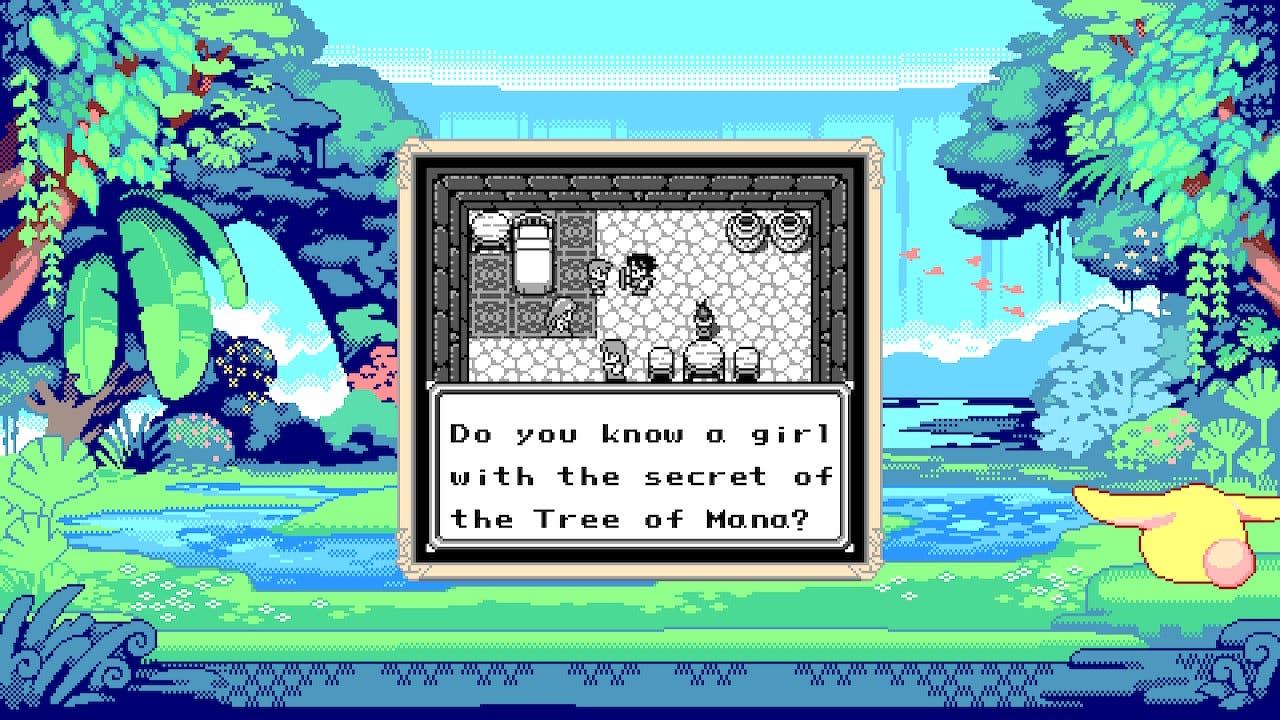 A screenshot from the Collection of Mana version of Final Fantasy Adventure, inside a house in an early village. The protagonist is speaking with a young boy, who asks, "Do you know a girl with the secret of the Tree of Mana?" Said girl is right there next to you, her identity hidden.