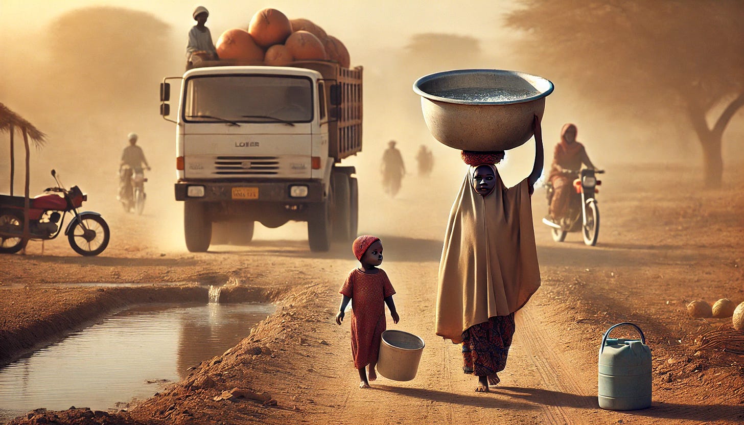 Image of an African girl, aged 13, wearing a small hijab, carrying a large open basin of water on her head along a dusty road.