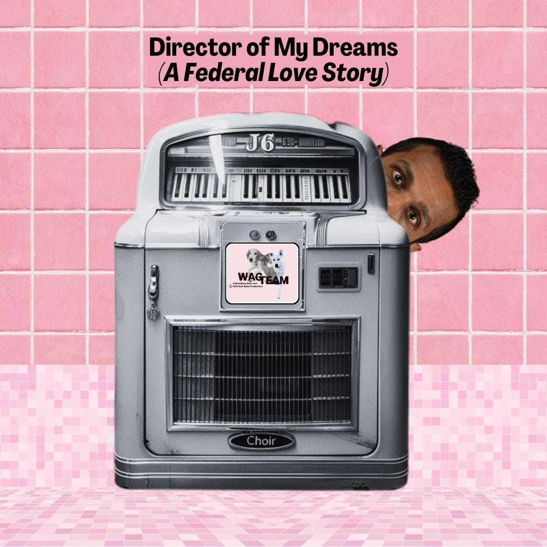 A jukebox labeled 'J6 Choir' stands in a retro pink diner. Kash Patel peeks out nervously, as if waiting for his next cue to grift. The jukebox displays the WAG Team logo, and the background features unsettling pink tiles reminiscent of the prison cafeteria he probably belongs in. A jukebox labeled 'J6 Choir' stands in a retro pink diner. Kash Patel peeks out nervously, as if waiting for his next cue to grift. The jukebox displays the WAG Team logo, and the background features unsettling pink tiles reminiscent of the prison cafeteria he probably belongs in.