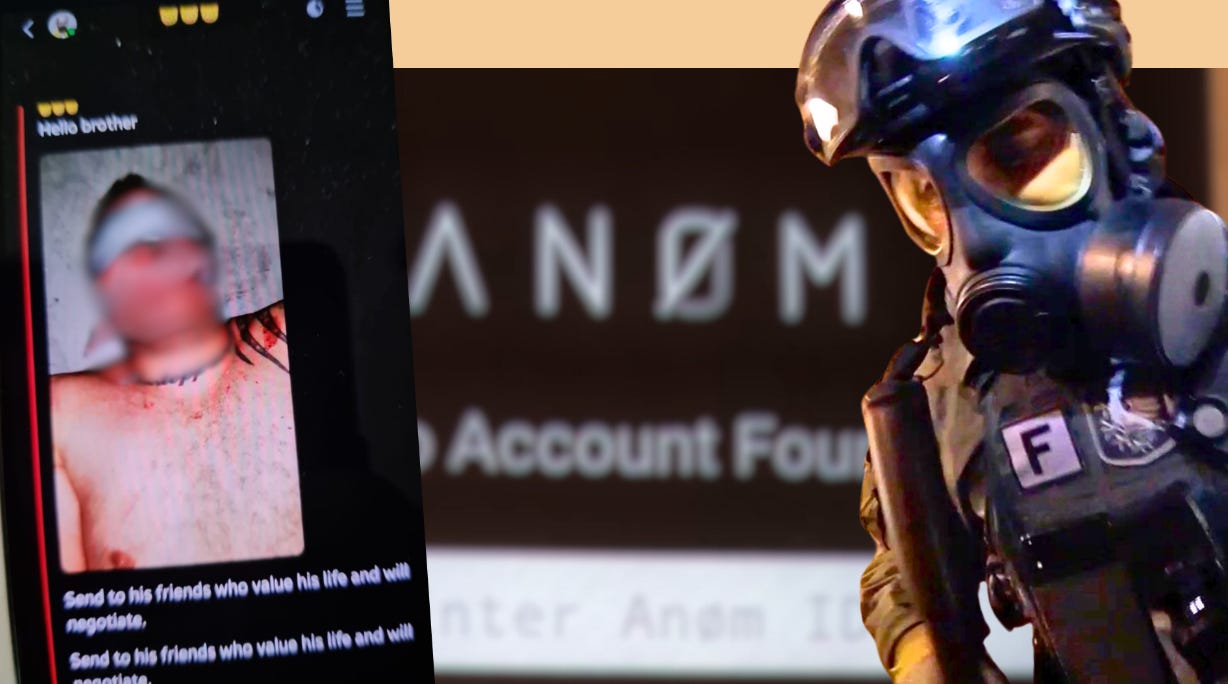 The ANOM login page and a cutout of a phone showing a man being threatened, and a law enforcement officer in a mask.