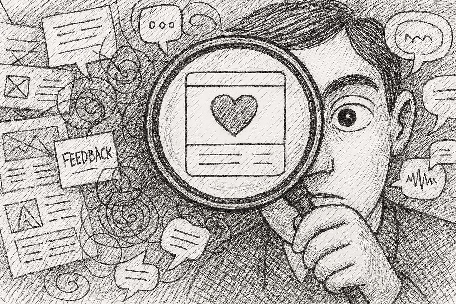 Hand-drawn black-and-white illustration of a person looking through a magnifying glass, with one eye enlarged and focused. Around the lens, chaotic sketches of wireframes, feedback notes, and chat bubbles swirl. Inside the magnifying glass, a clean interface with a heart icon stands out, symbolizing clarity and empathy emerging from design chaos.