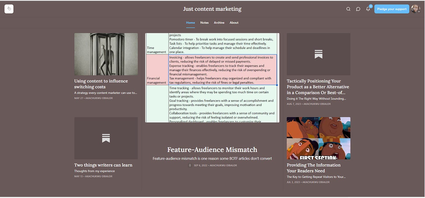 A screenshot of Just Content Marketing's homepage on Substack