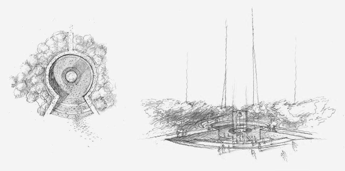 Two pencil sketches of Apple Pudong. The first depicts the store from the air, the second from near ground level.