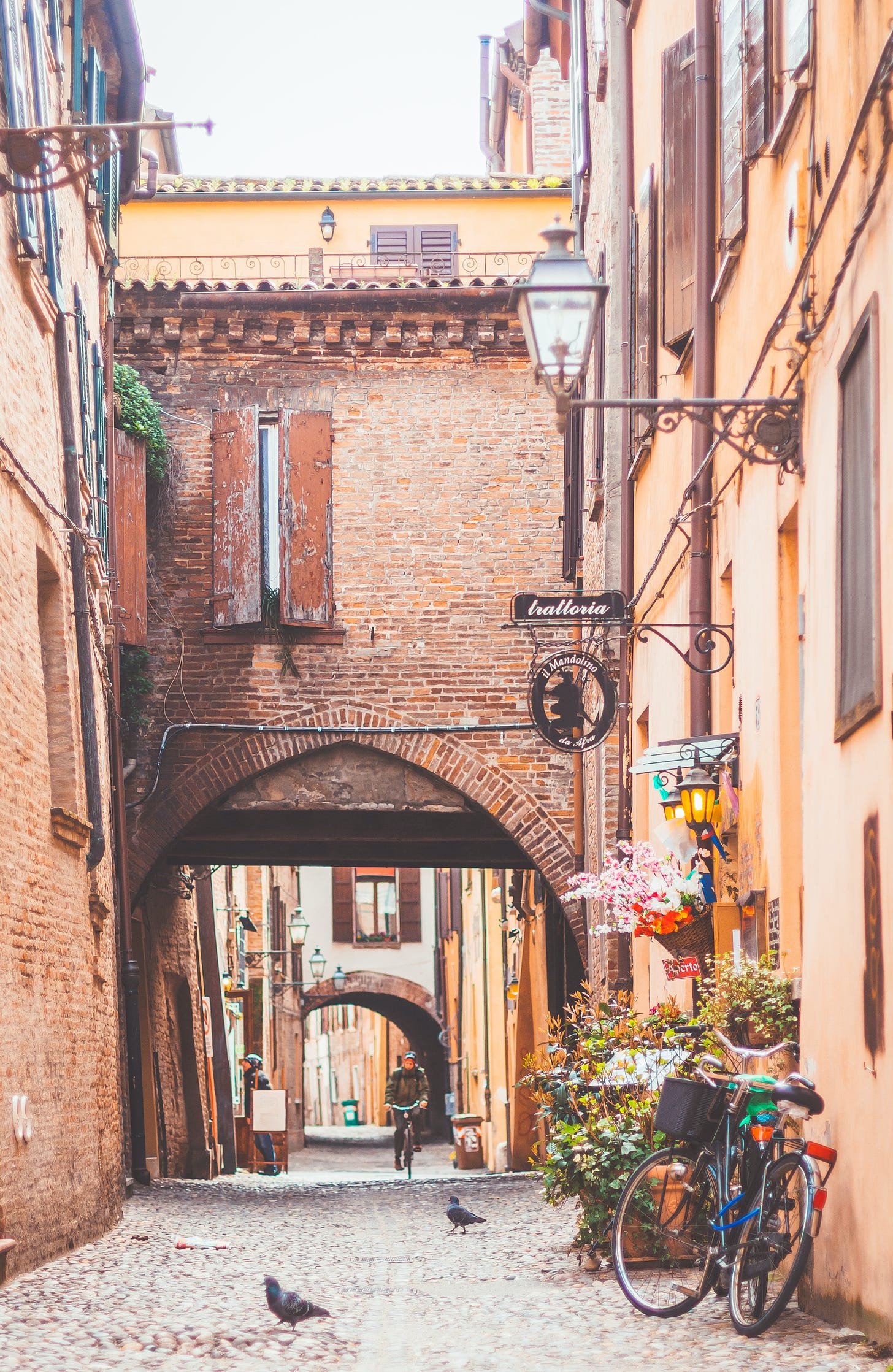 un vicolo di Ferrara con palazzi gialli e persiane marroni, fiori e biciclette