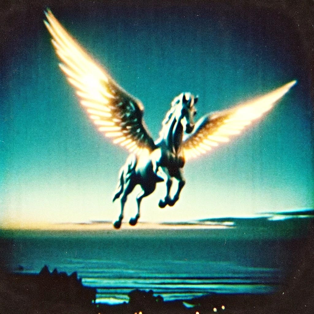 An animatronic glowing winged horse, without a horn, flying across the sky, captured as if through blurry television footage. The scene appears like a vintage, grainy, and nostalgic photograph, with an unreal and unearthly quality. The sky is a bizarre blue-green twilight gradient over Lunada Bay. The image has heartbreaking and staggering beauty, with vignette edges and a feathering effect, making it look chic and stylish.
