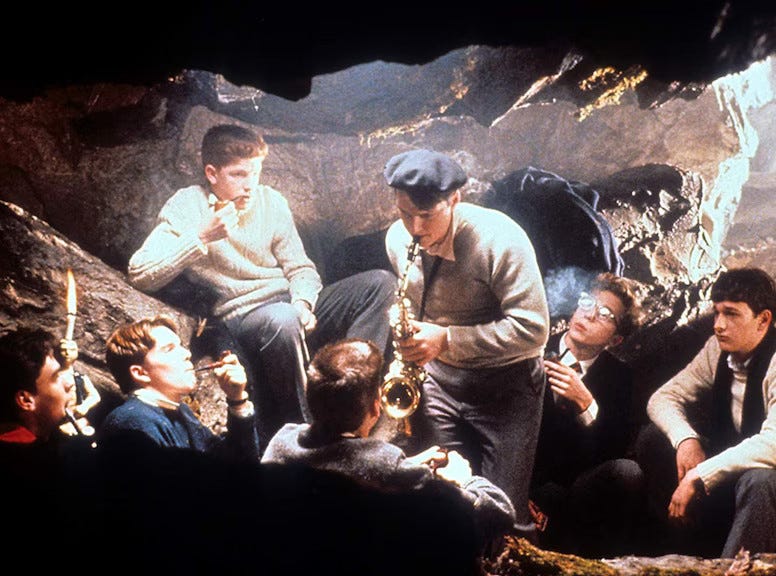 Dead Poets Society: The cave where the boys of the group gather to read and talk freely, in violation of the rules of the college. - Here