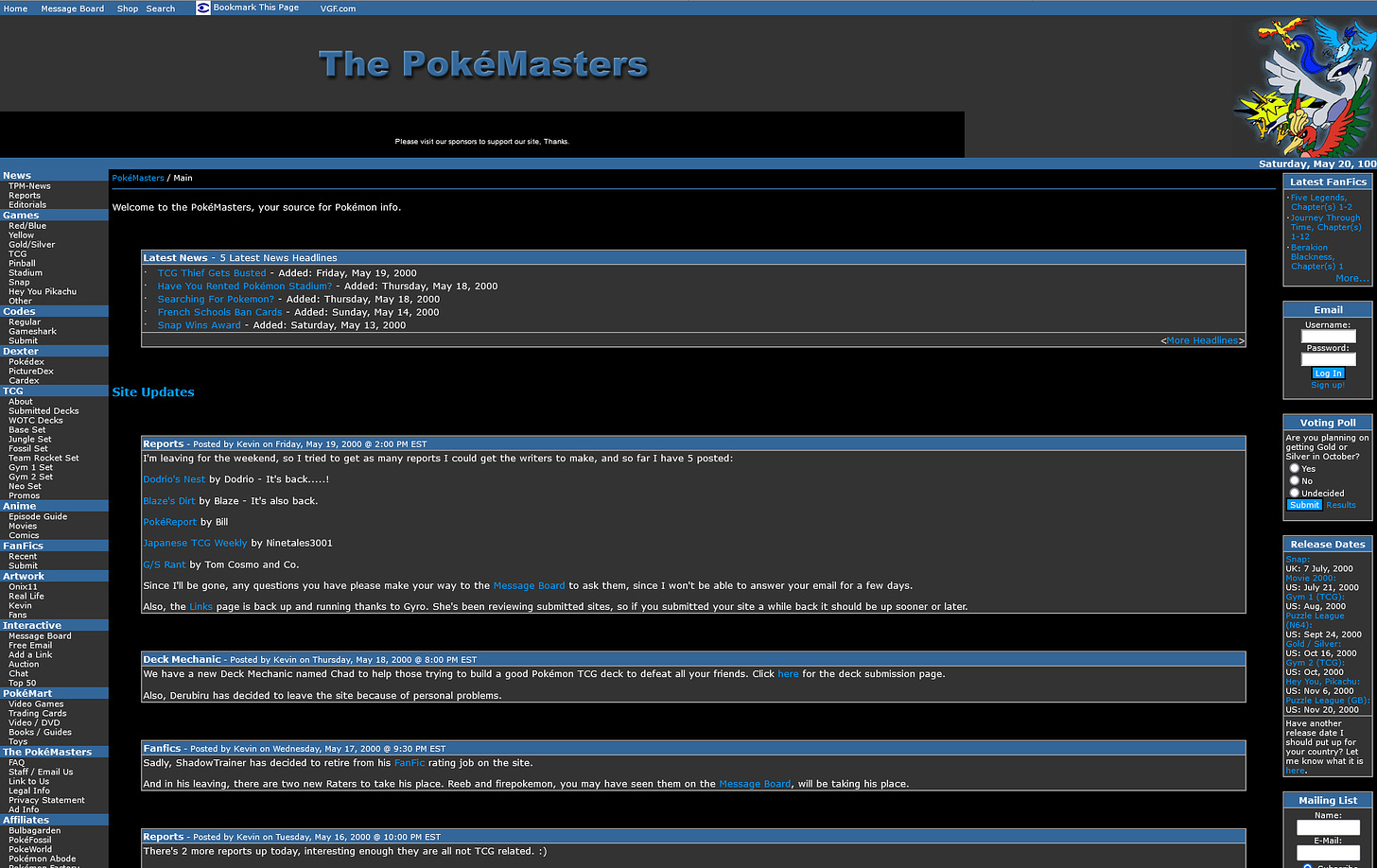 The PokéMasters website from May 2000
