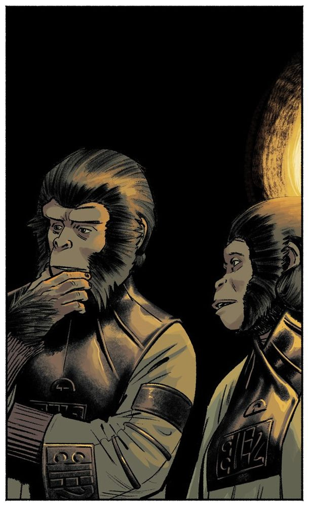 Comic-book panel without text of Zira and Cornelius from Planet of the Apes.