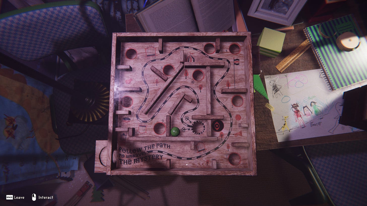 A screenshot of the game Reveil, showing a wooden maze box puzzle game that says "Follow the Path to Unravel the Mystery".
