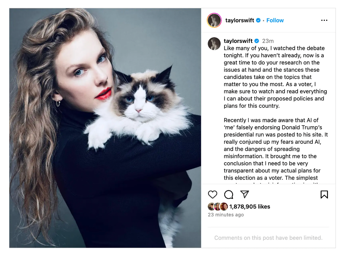 Photo of Taylor Swift holding her cat with text announcing her support for Kamala Harris