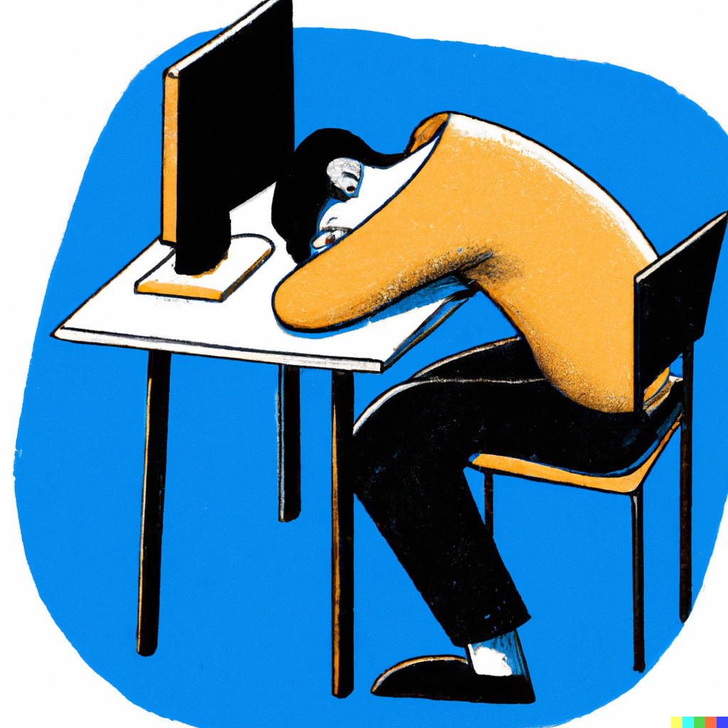 “a man face down at his desk, digital art / DALL-E”