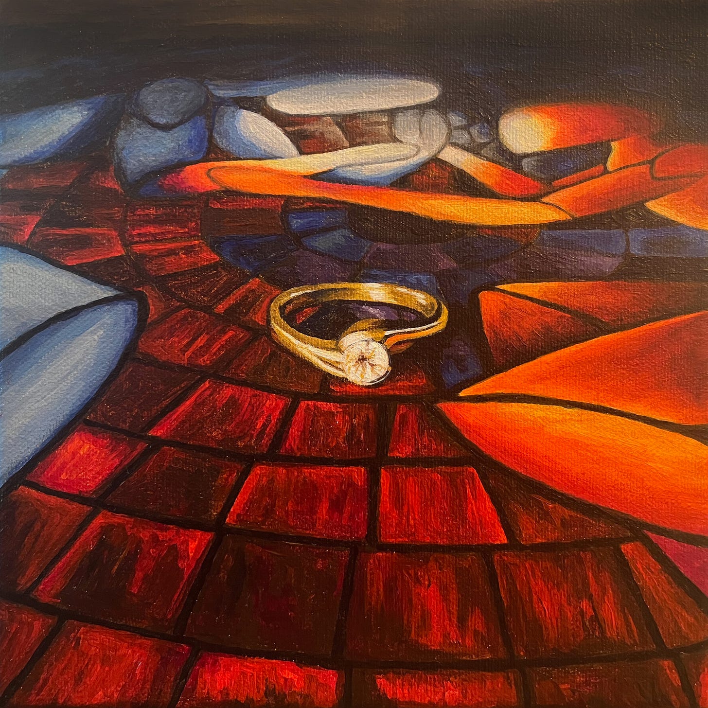 A painting of an engagement ring with a single diamond embraced by stylized golden curves. The ring sits atop the now familiar painting of the blue and orange figures. The painting lies flat on an unseen surface such that it is distorted in perspective and appears to stretch out to the horizon.