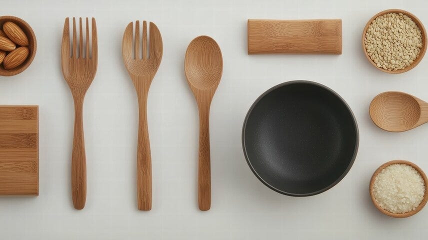 Flat lay of bamboo utensils, black bowl, almonds, and grains on white background for eco-friendly kitchen essentials