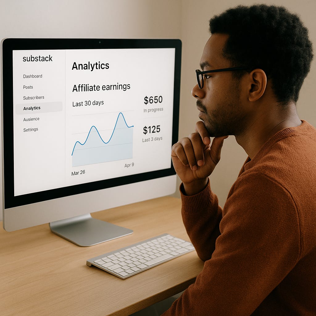 Creator looking at Substack analytics with affiliate earnings graph overlayed
