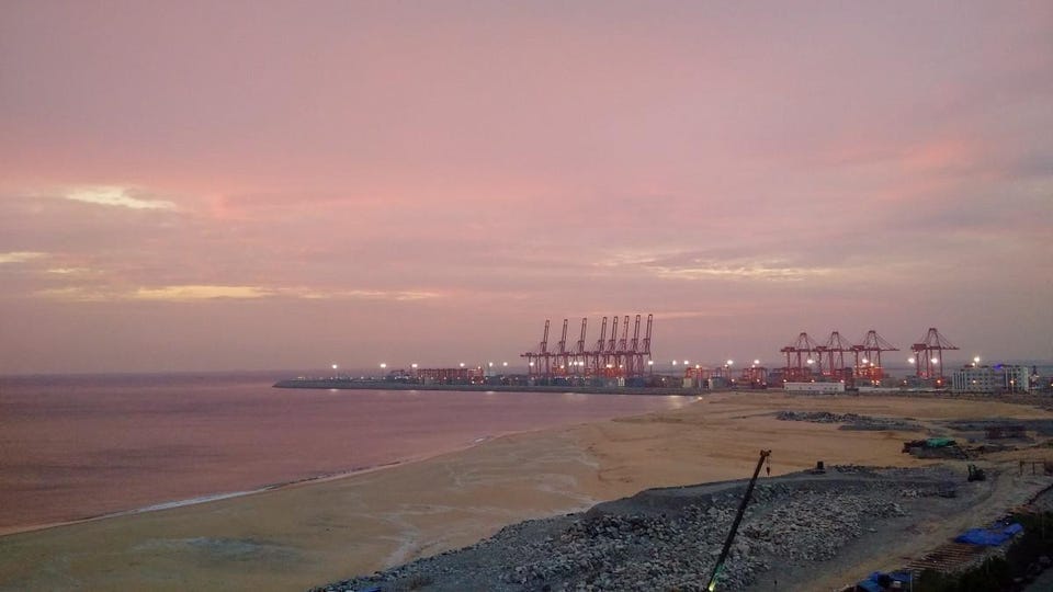 Sunset over the Colombo Port City project area. Image: Wade Shepard.