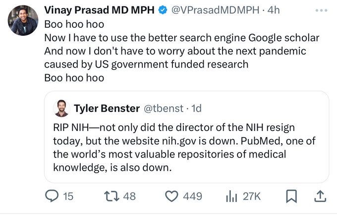 Prasad tweet: "boo hoo hoo now I have to use the better search engine google scholar and now I dont have to worry about the next pandemic caused by US govt. funded research boo hoo hoo"