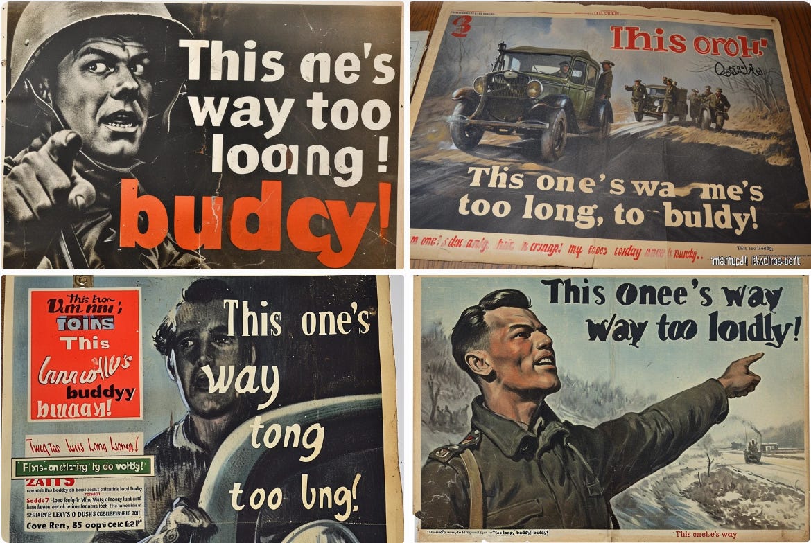 Vintage propaganda poster that says "This one's way too long, buddy!" created in Midjourney V6