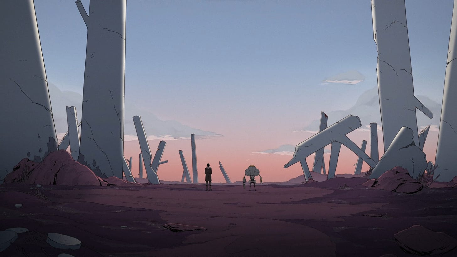 Cena da animação "Planeta dos Abutres", mostrando uma planície desértica, cheia de estruturas parecidas com árvores brancas gigantescas recortando a paisagem. No centro, uma figura humana e um robô observam o horizonte.