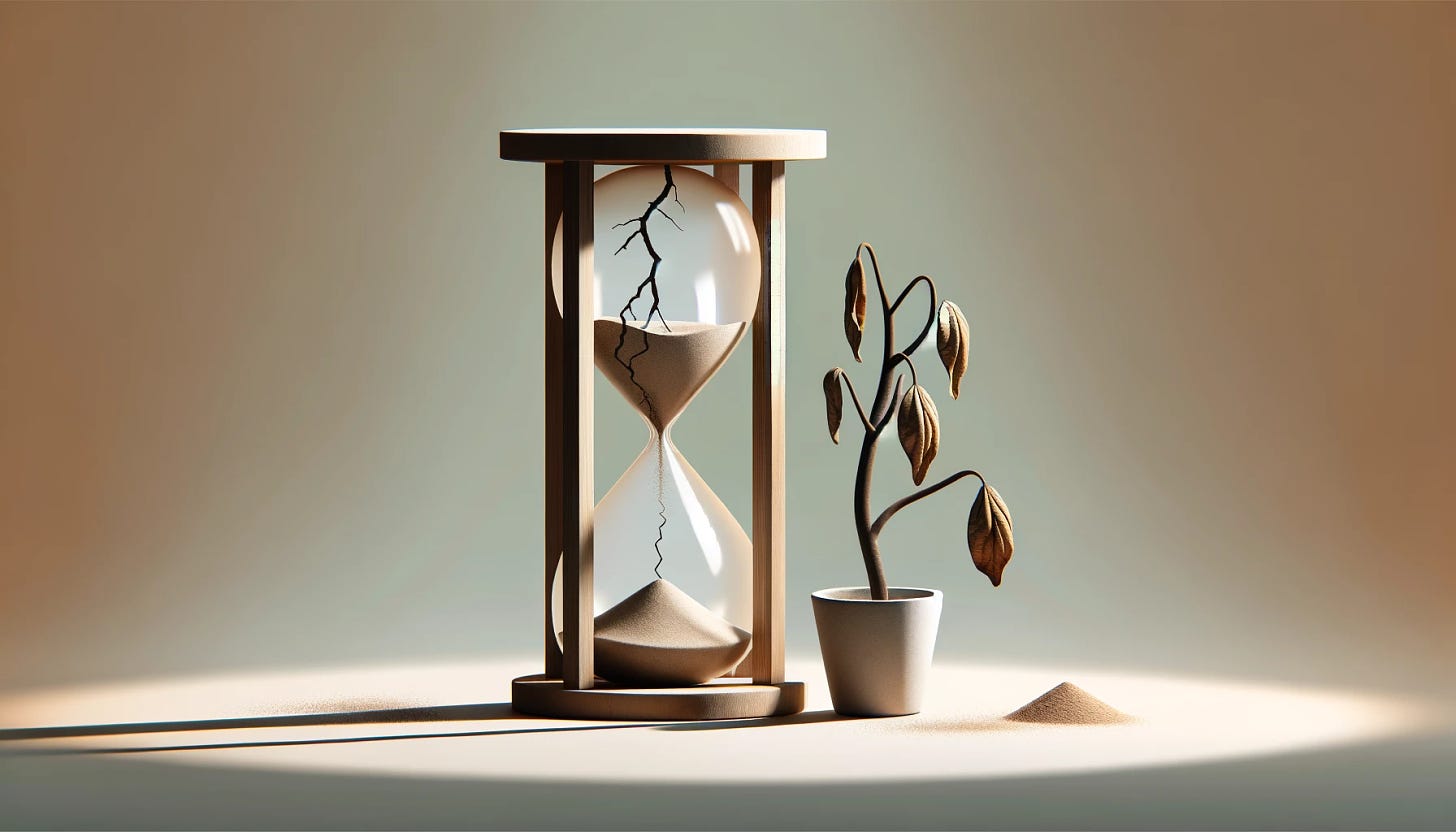 A minimalistic article header image in the style of The Economist web articles, capturing the theme of a startup's downfall due to neglecting severe and urgent customer problems. Visualize this concept through a simple, symbolic representation, such as an empty, cracked hourglass beside a wilting plant in a pot, set against a clean, uncluttered background. These elements subtly symbolize the passing of time, missed opportunities, and the decay of potential in the startup environment. Ensure the style is sophisticated and business-oriented, with no text, headers, or letters, and fitting the 1920x1080 dimensions.