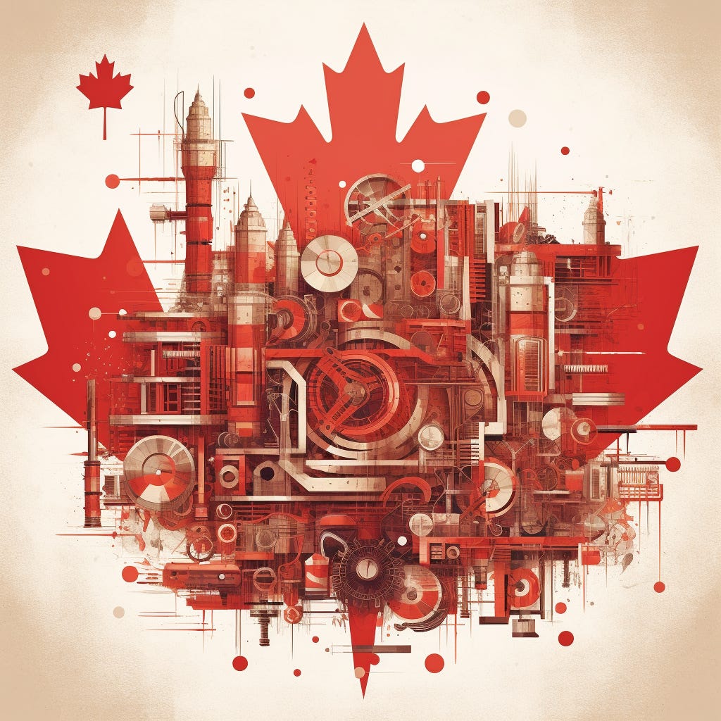 A red maple leaf, overlaid with abstract industrial motifs like cogs and pipes, representing an innovation ecosystem that works together
