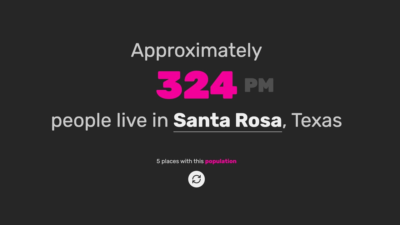 A clock at 3:24PM that reads: "Approxiamtely 324 people like in Santa Rosa, Texas."