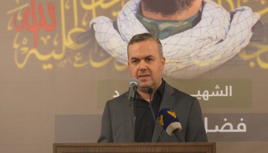 Member of the Loyalty to the Resistance Bloc, MP Hassan Fadlallah, during the commemorative ceremony held by Hezbollah for the martyr Ali Tariq Al-Quds, Fadl Bazi.