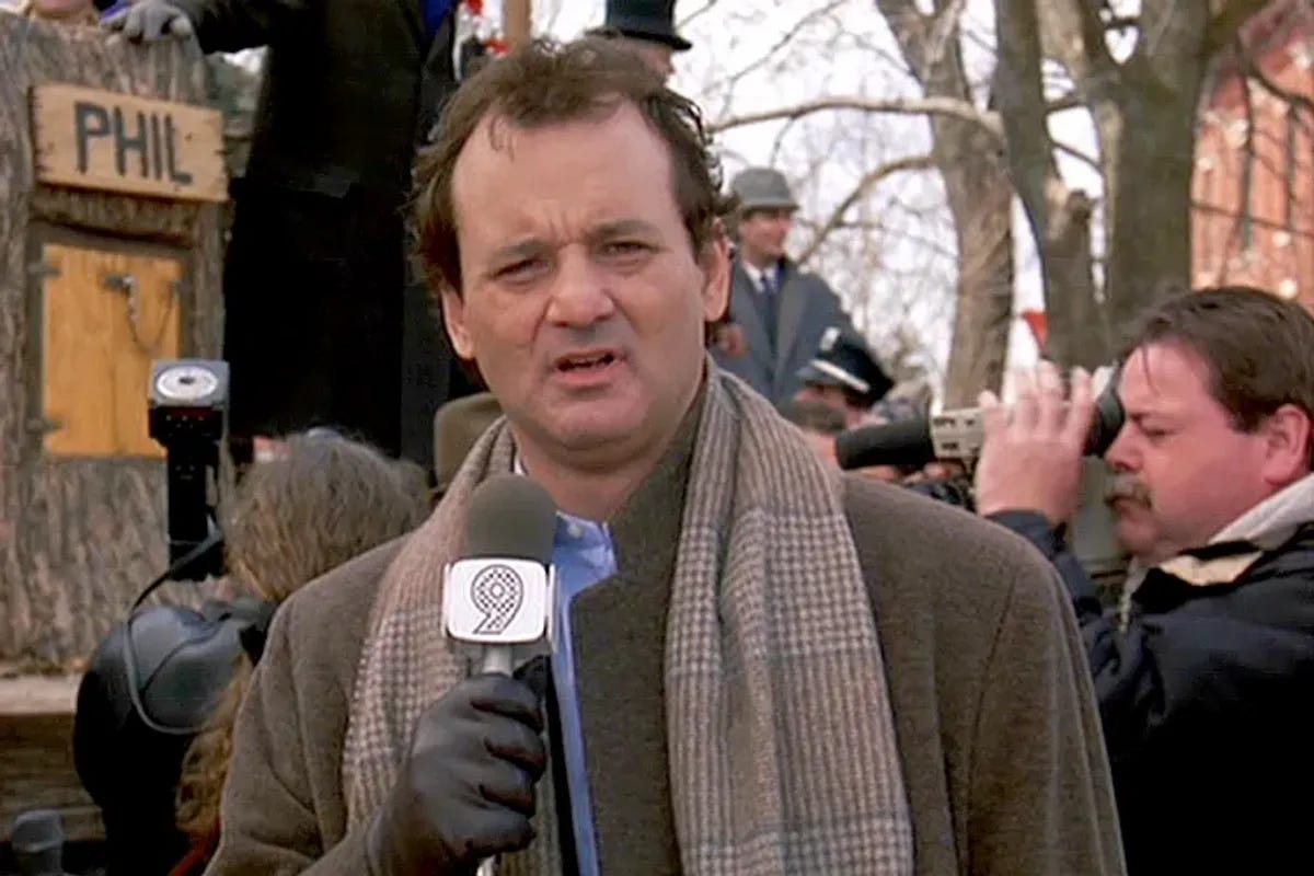 Groundhog Day starring Bill Murray, Richard Henzel, Andie MacDowell. Click here to check it out.