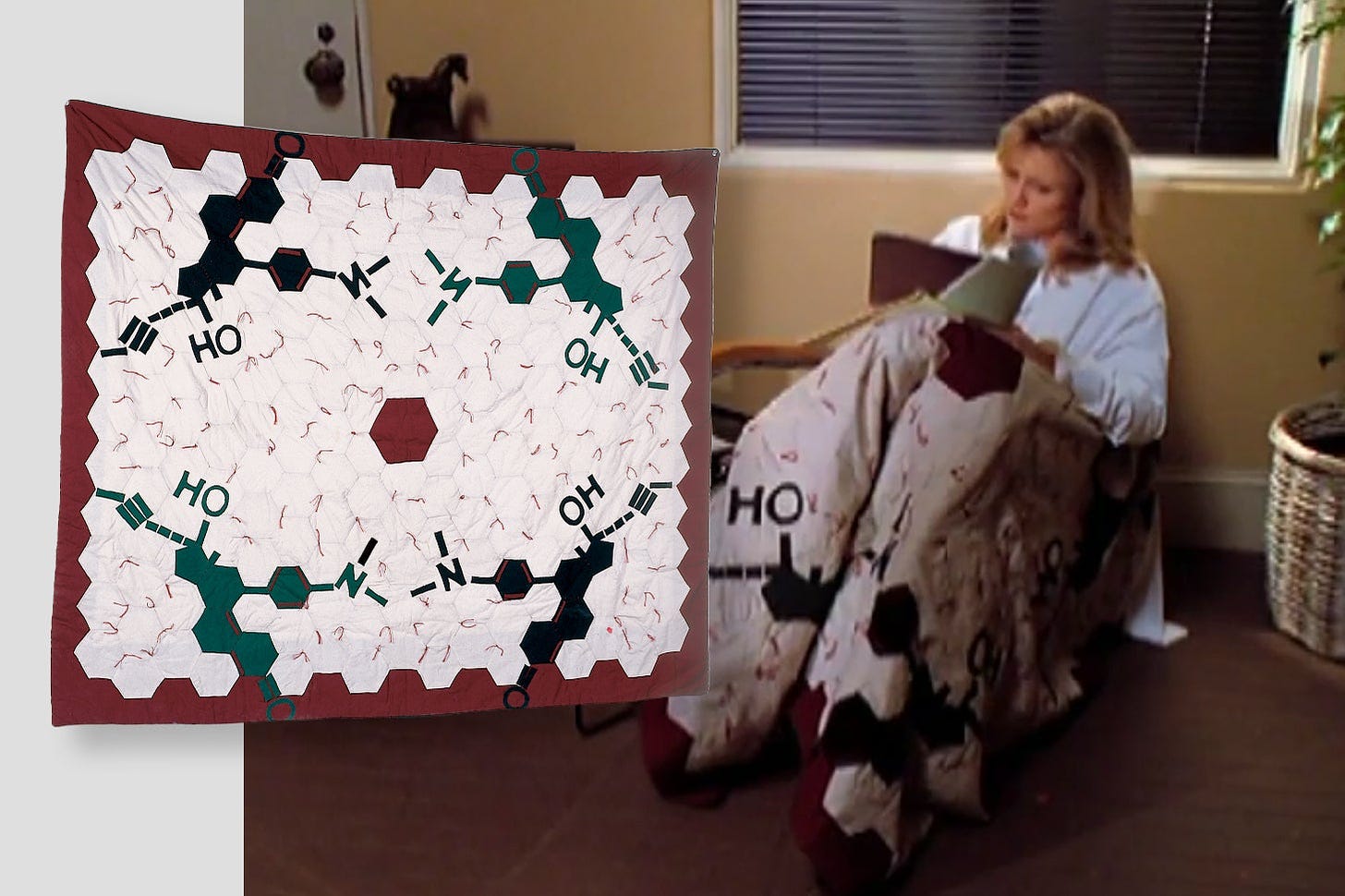 A woman in a TV show sits in a chair with a quilt on her lap; the quilt has a chemical formula diagrammed on it.