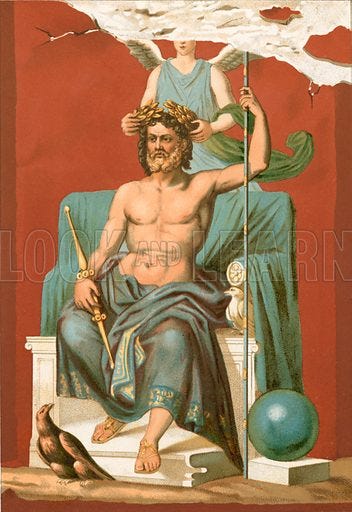 Zeus crowned by Victory. Illustration from History of Rome by Victor Duruy (Kegan, Paul, Trench & Co, 1884).