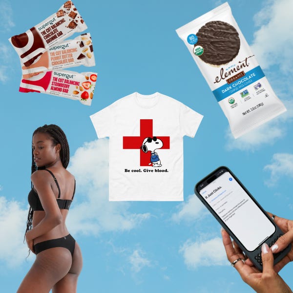 prebiotic bars, a woman in a black thong, a keyboard on an iphone, rice cakes with dark chocolate, and a red cross snoopy shirt on a cloud background
