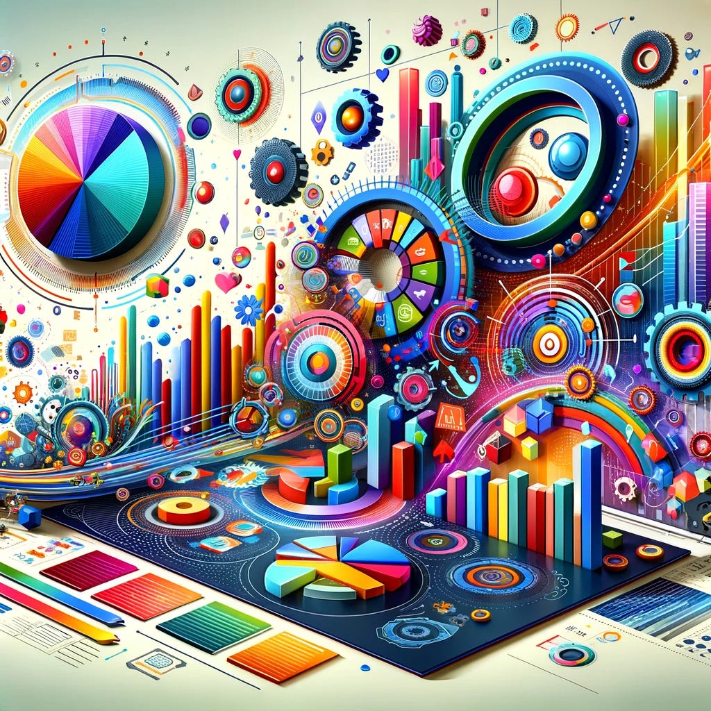An engaging and colorful cover picture for an article titled 'Essential Principles for Effective Data Visualization'. The image should feature an array of dynamic, eye-catching charts and graphs, including bar charts, pie charts, and line graphs, symbolizing the diversity and creativity in data storytelling. Incorporate vibrant colors to highlight the significance of color usage in data visualization, with elements suggesting clarity, engagement, and insight. The background should be modern and sleek, appealing to professionals and enthusiasts in the fields of data science, analytics, and business intelligence.