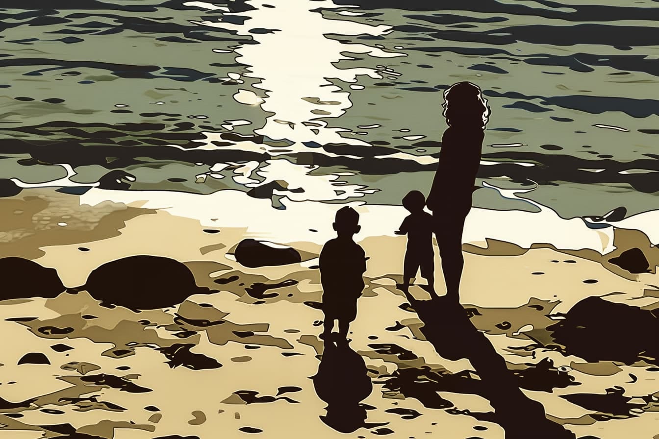 graphic novel illustration of A mother and her two children are silhouetted against the setting sun, standing on the beach