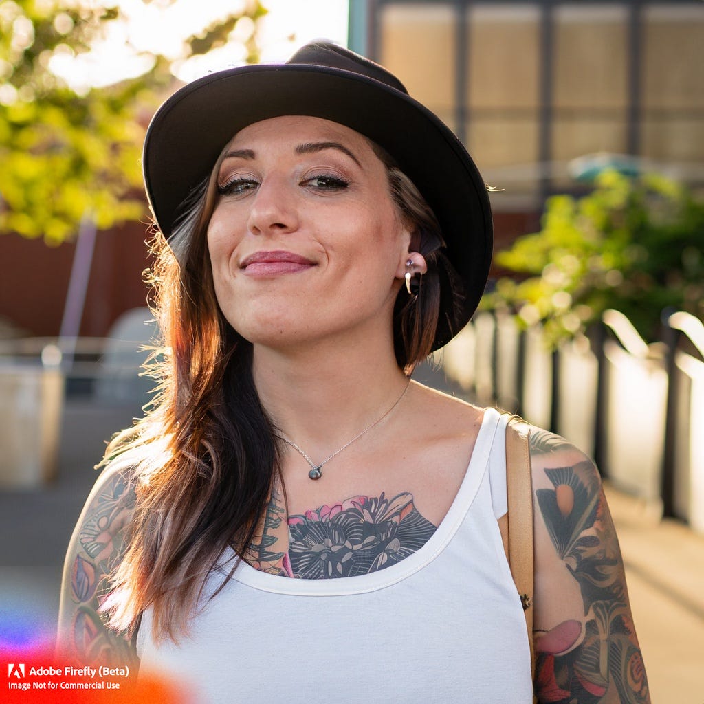 Realistic AI-generated photo of a white woman wearing a black hat, white tank top, with visible tattoos