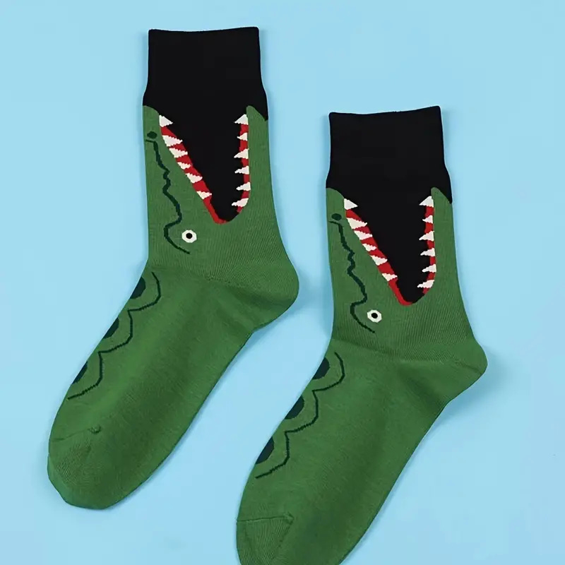 mens trendy cartoon crocodile pattern crew socks breathable comfy casual unisex socks for mens outdoor wearing all seasons wearing street style 0